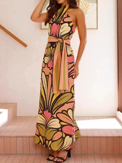 Printed Halter Neck Maxi Cami Dress - VILLA FASHION
