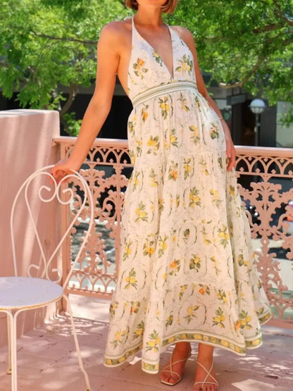 Printed Halter Neck Maxi Cami Dress - VILLA FASHION