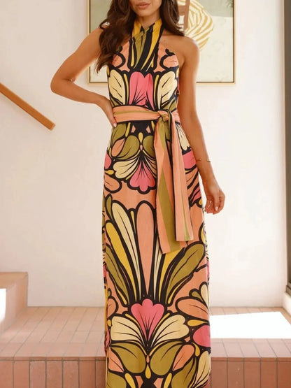 Printed Halter Neck Maxi Cami Dress - VILLA FASHION