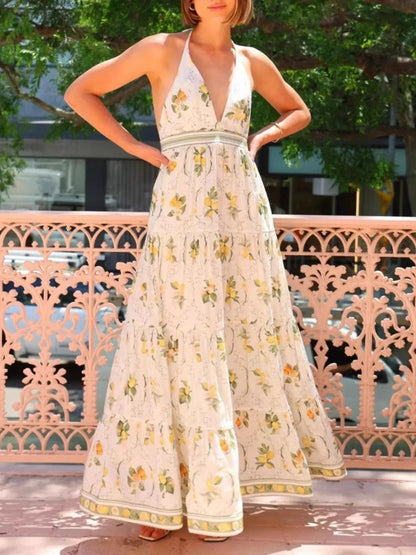 Printed Halter Neck Maxi Cami Dress - VILLA FASHION
