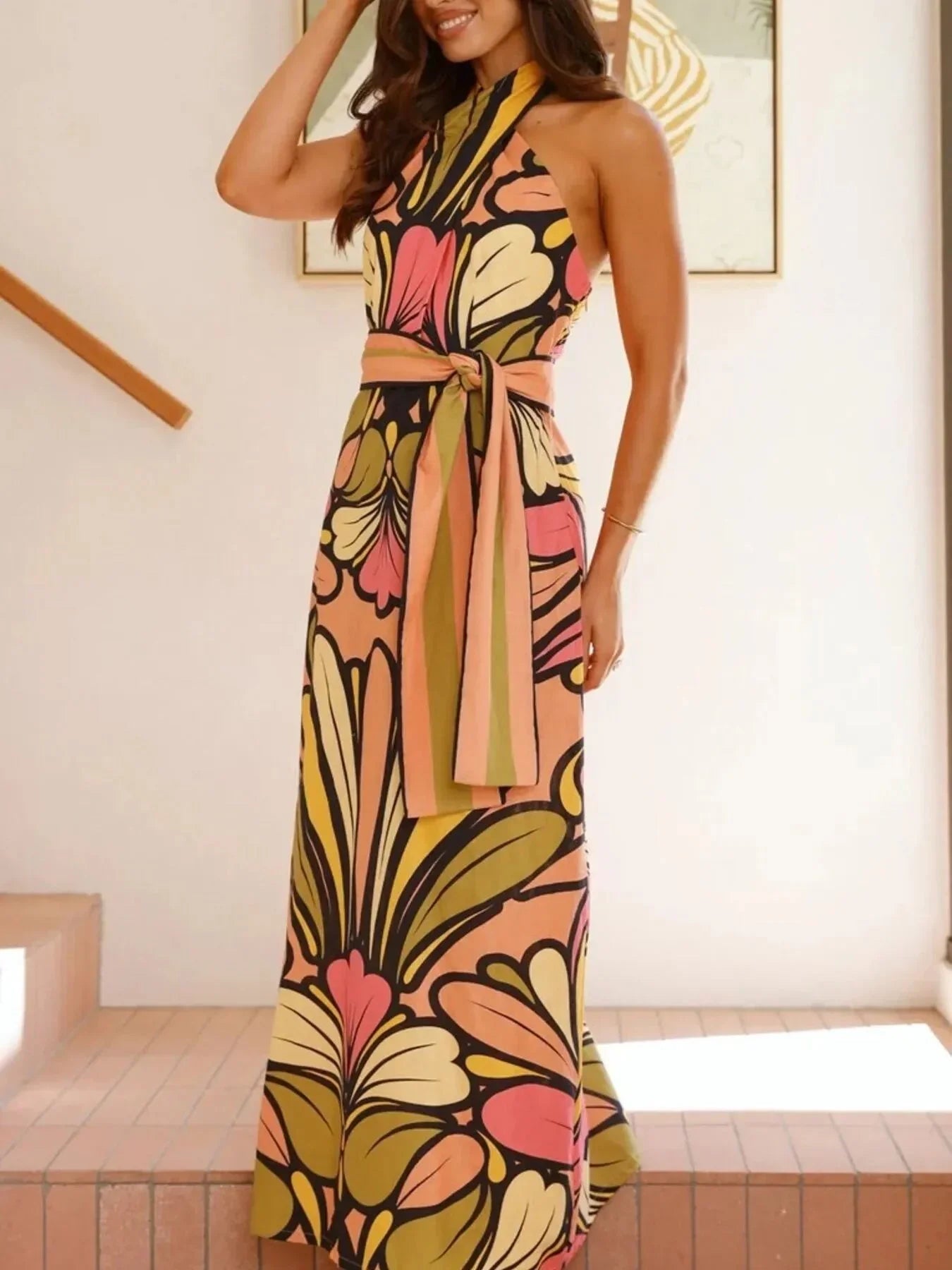 Printed Halter Neck Maxi Cami Dress - VILLA FASHION