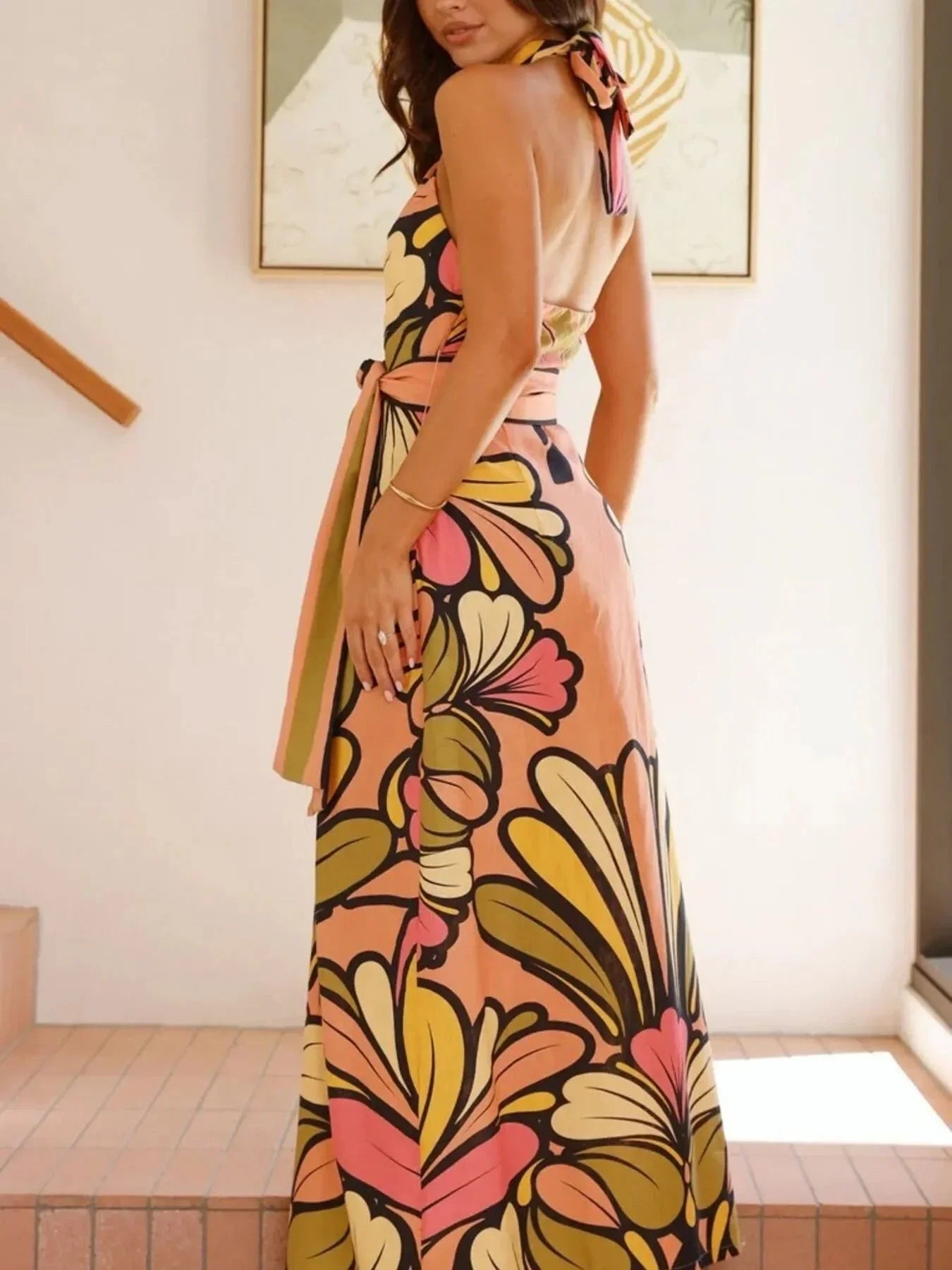 Printed Halter Neck Maxi Cami Dress - VILLA FASHION