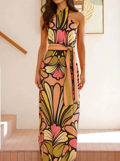 Printed Halter Neck Maxi Cami Dress - VILLA FASHION