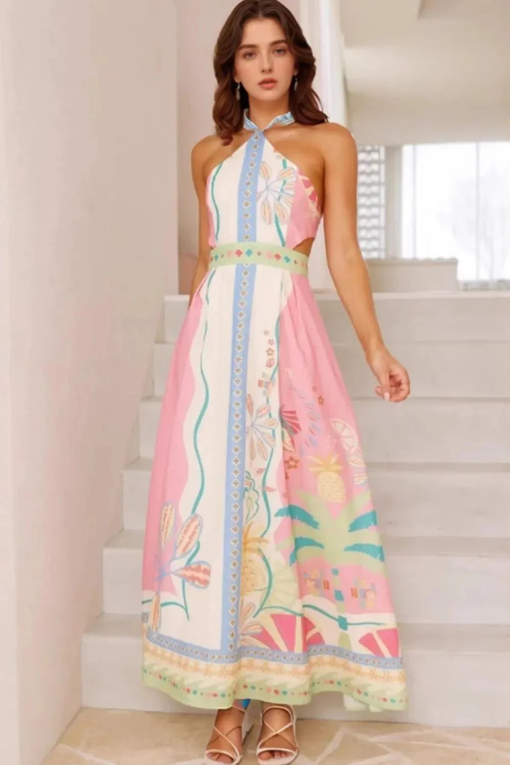 Printed Halter Neck Maxi Dress - VILLA FASHION