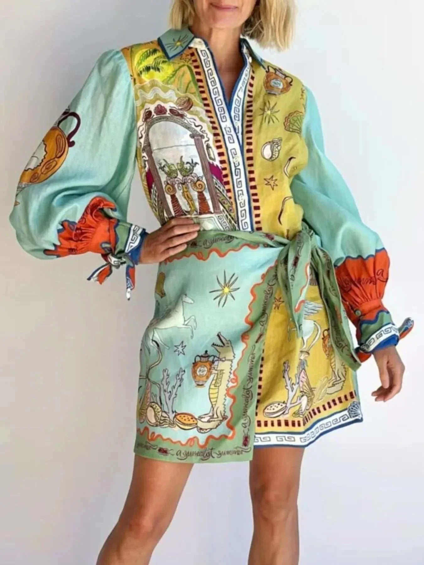 Printed Long Sleeve Shirt Dress - VILLA FASHION