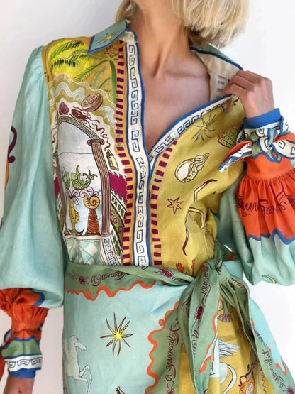 Printed Long Sleeve Shirt Dress - VILLA FASHION