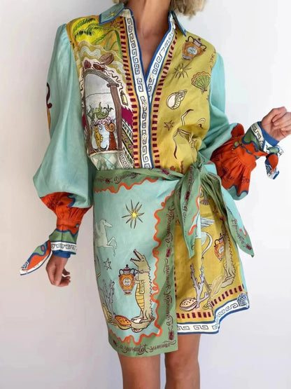 Printed Long Sleeve Shirt Dress - VILLA FASHION