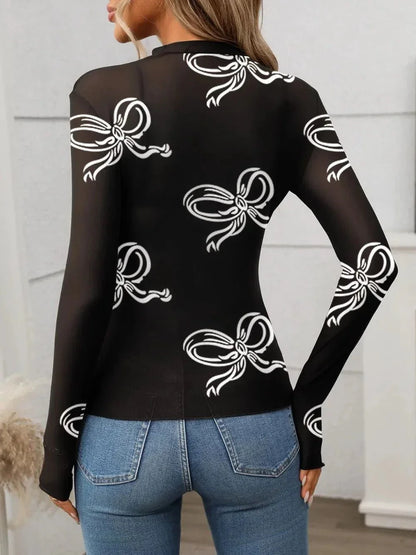 Printed Mock Neck Long Sleeve Mesh T-Shirt - VILLA FASHION