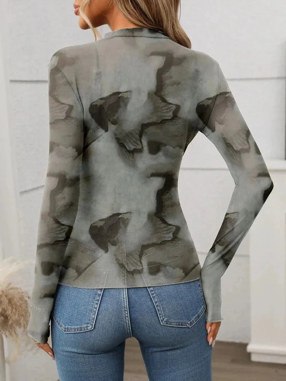 Printed Mock Neck Long Sleeve Mesh T-Shirt - VILLA FASHION