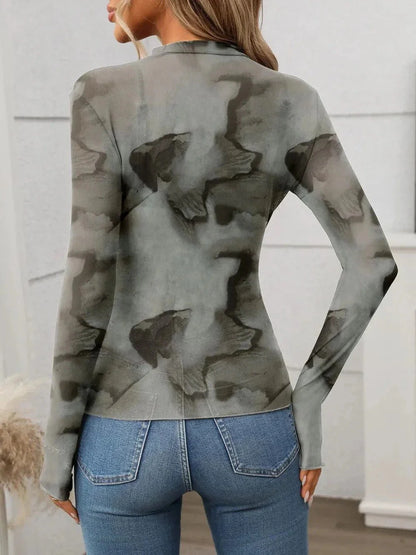Printed Mock Neck Long Sleeve Mesh T-Shirt - VILLA FASHION