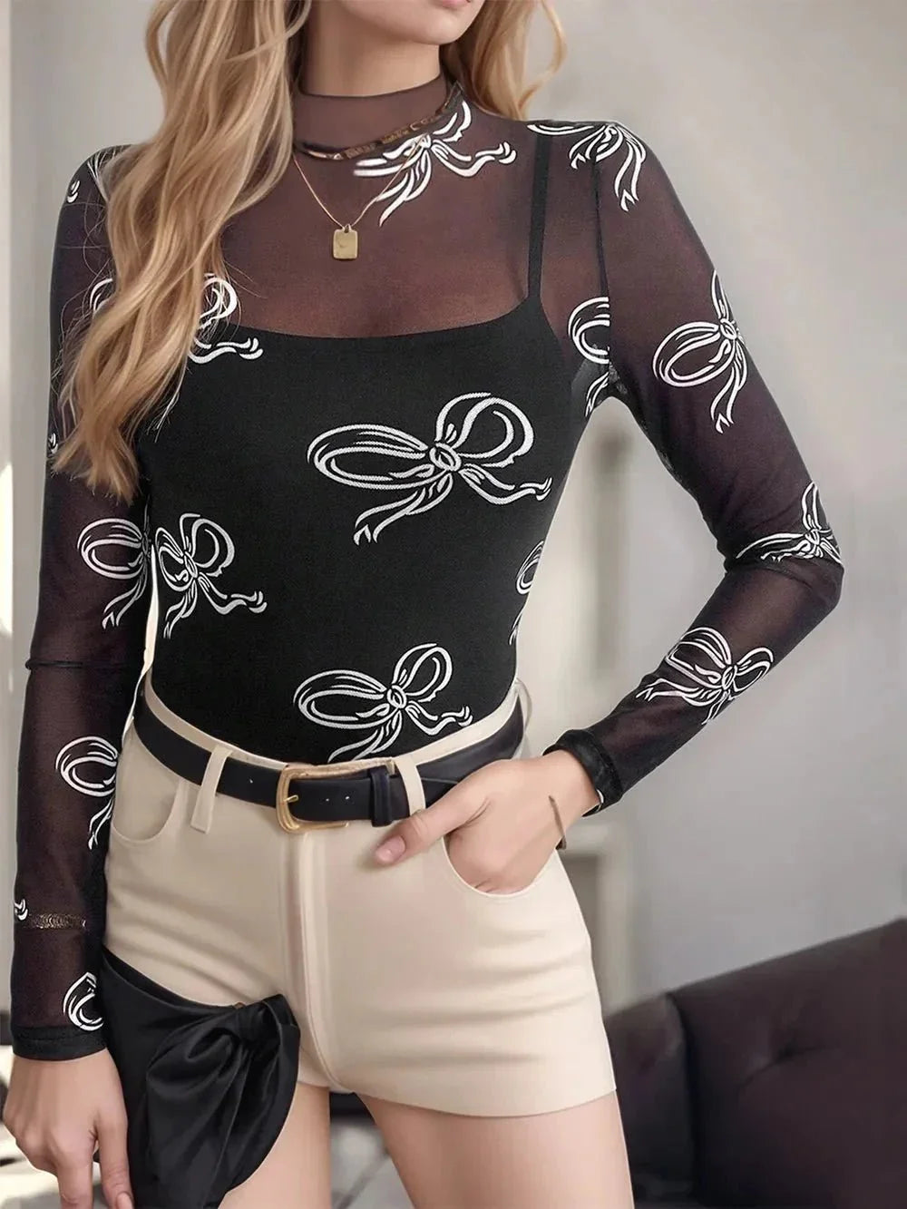 Printed Mock Neck Long Sleeve Mesh T-Shirt - VILLA FASHION