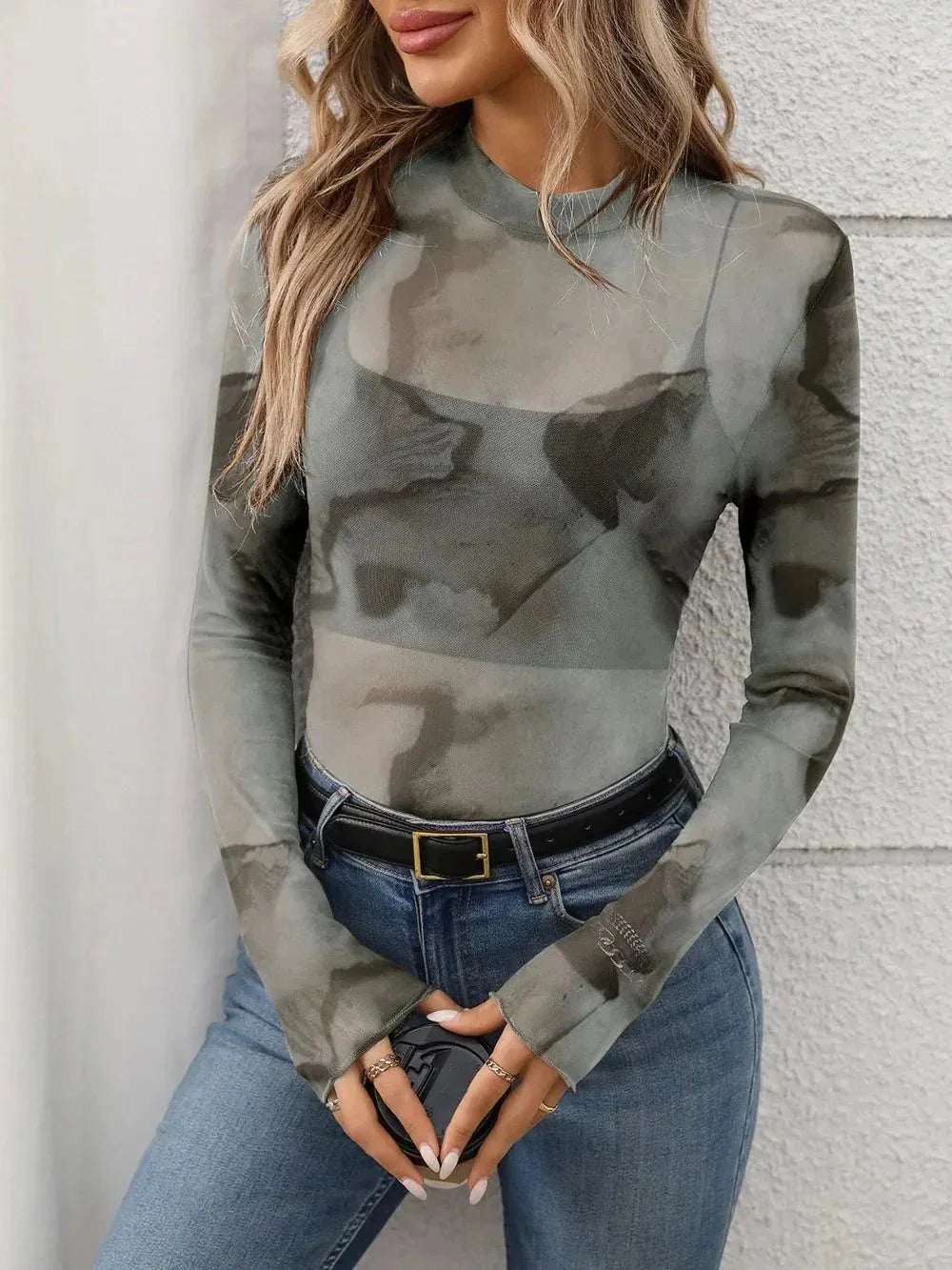 Printed Mock Neck Long Sleeve Mesh T-Shirt - VILLA FASHION