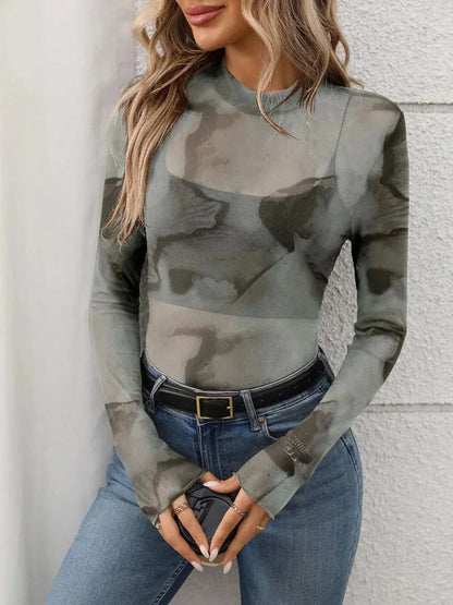 Printed Mock Neck Long Sleeve Mesh T-Shirt - VILLA FASHION