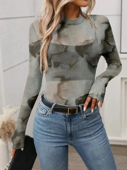 Printed Mock Neck Long Sleeve Mesh T-Shirt - VILLA FASHION