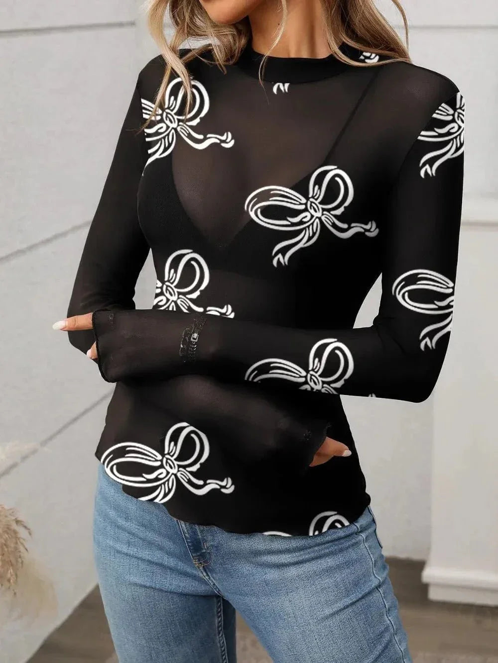 Printed Mock Neck Long Sleeve Mesh T-Shirt - VILLA FASHION