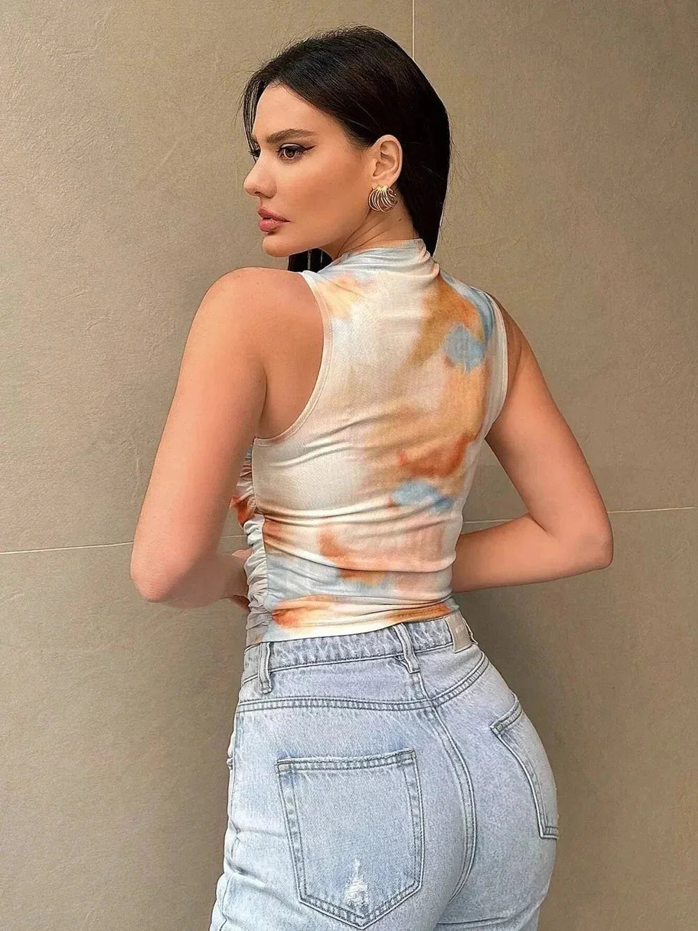 Printed Mock Neck Ruched Tank - VILLA FASHION