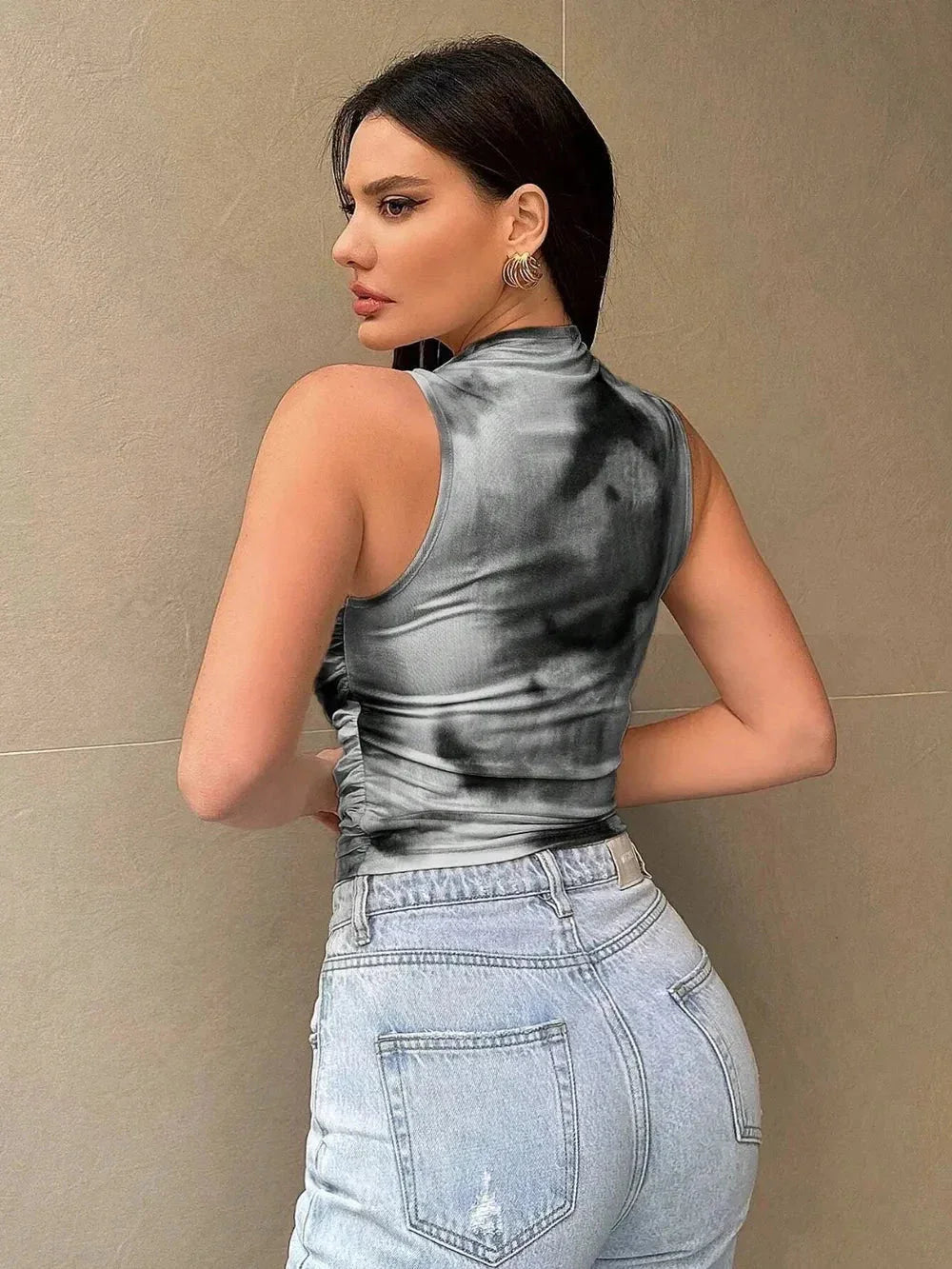 Printed Mock Neck Ruched Tank - VILLA FASHION