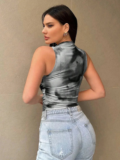 Printed Mock Neck Ruched Tank - VILLA FASHION