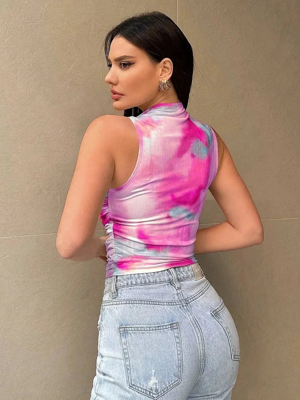 Printed Mock Neck Ruched Tank - VILLA FASHION