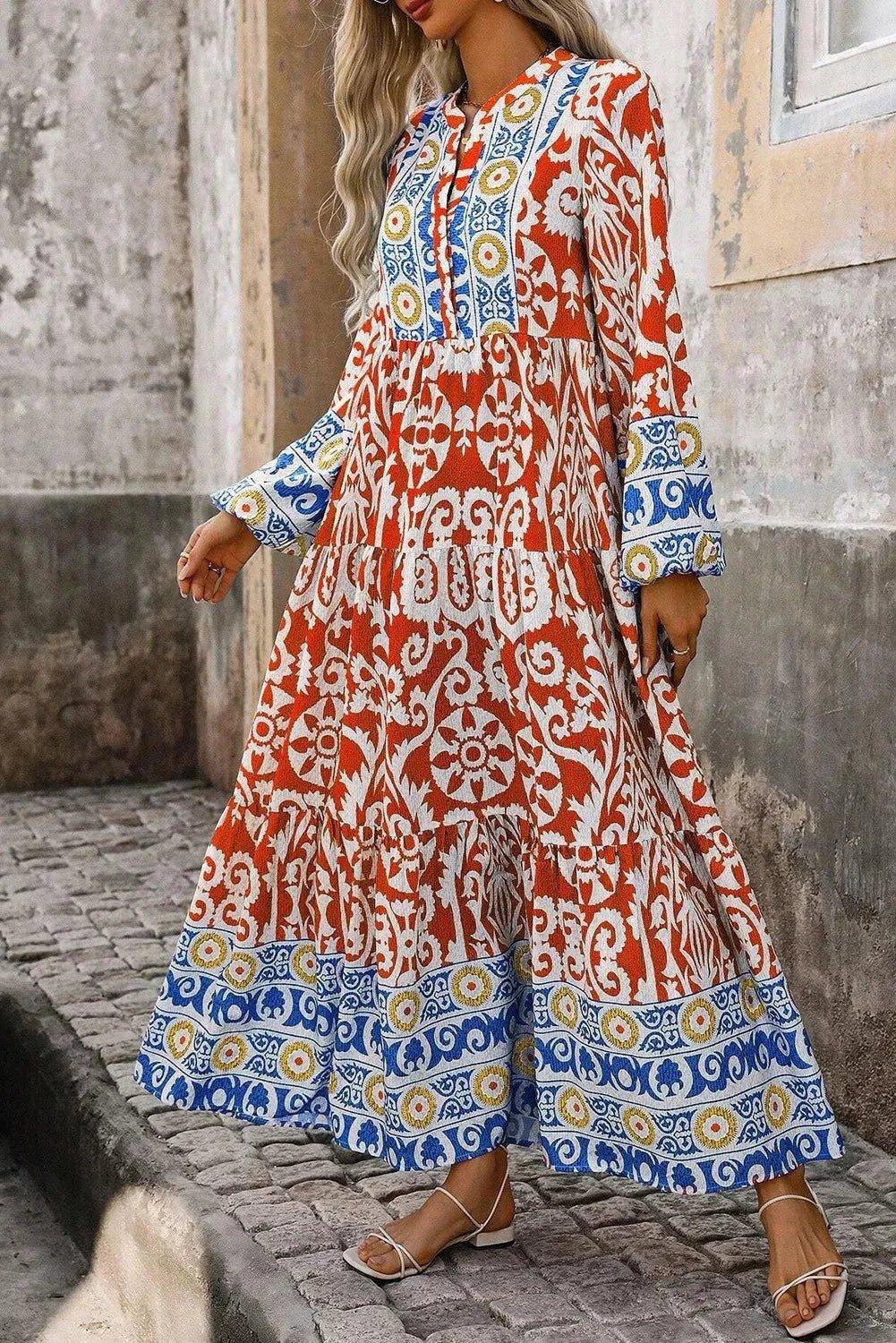 Printed Notched Long Sleeve Maxi Dress - VILLA FASHION