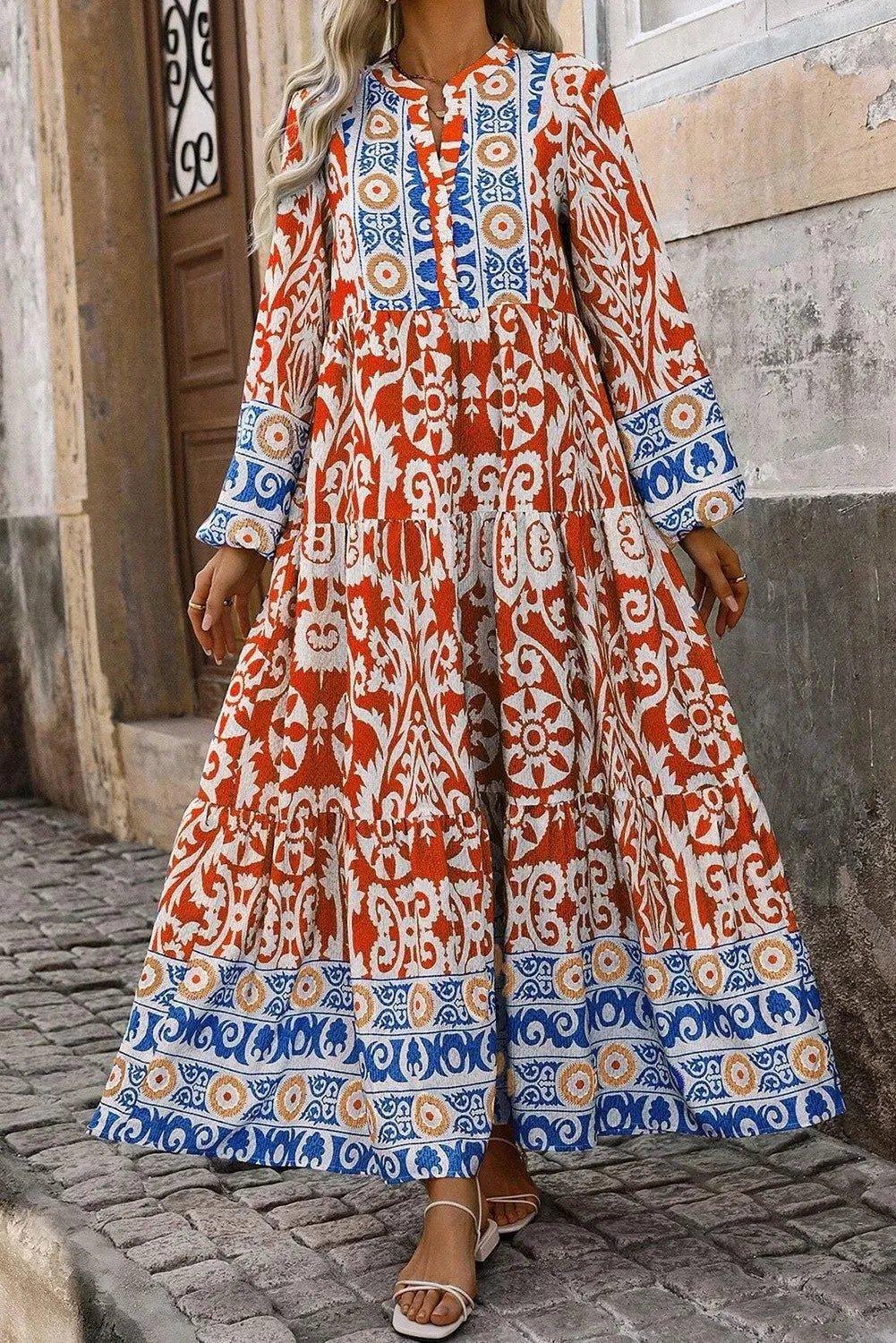 Printed Notched Long Sleeve Maxi Dress - VILLA FASHION