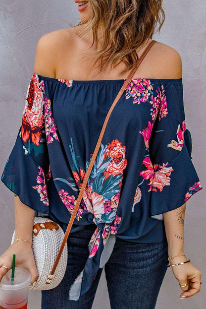 Printed Off - Shoulder Flounce Sleeve Top - VILLA FASHION