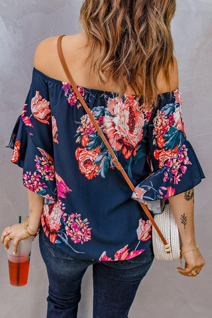 Printed Off - Shoulder Flounce Sleeve Top - VILLA FASHION