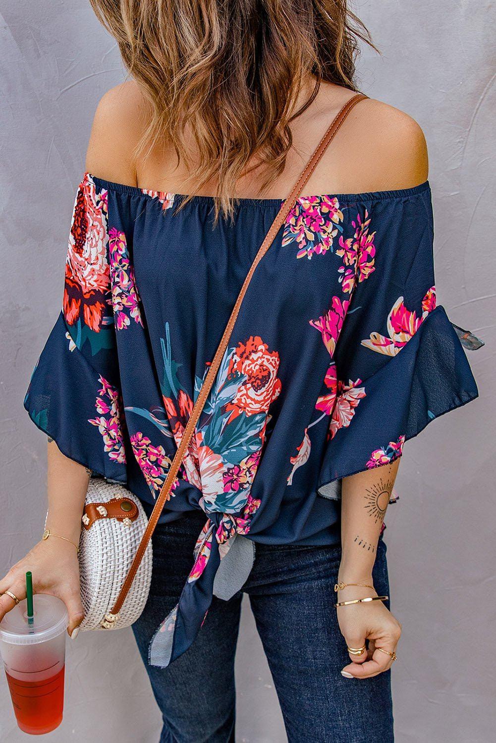 Printed Off - Shoulder Flounce Sleeve Top - VILLA FASHION