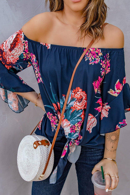 Printed Off - Shoulder Flounce Sleeve Top - VILLA FASHION