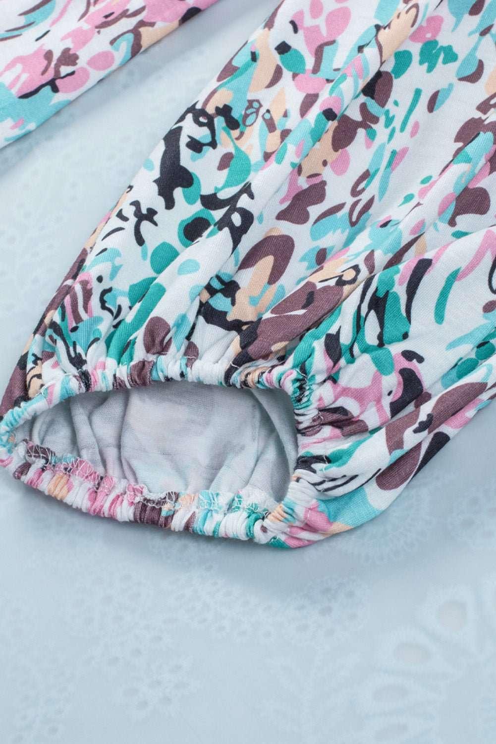 Printed Round Neck Balloon Sleeve Blouse - VILLA FASHION