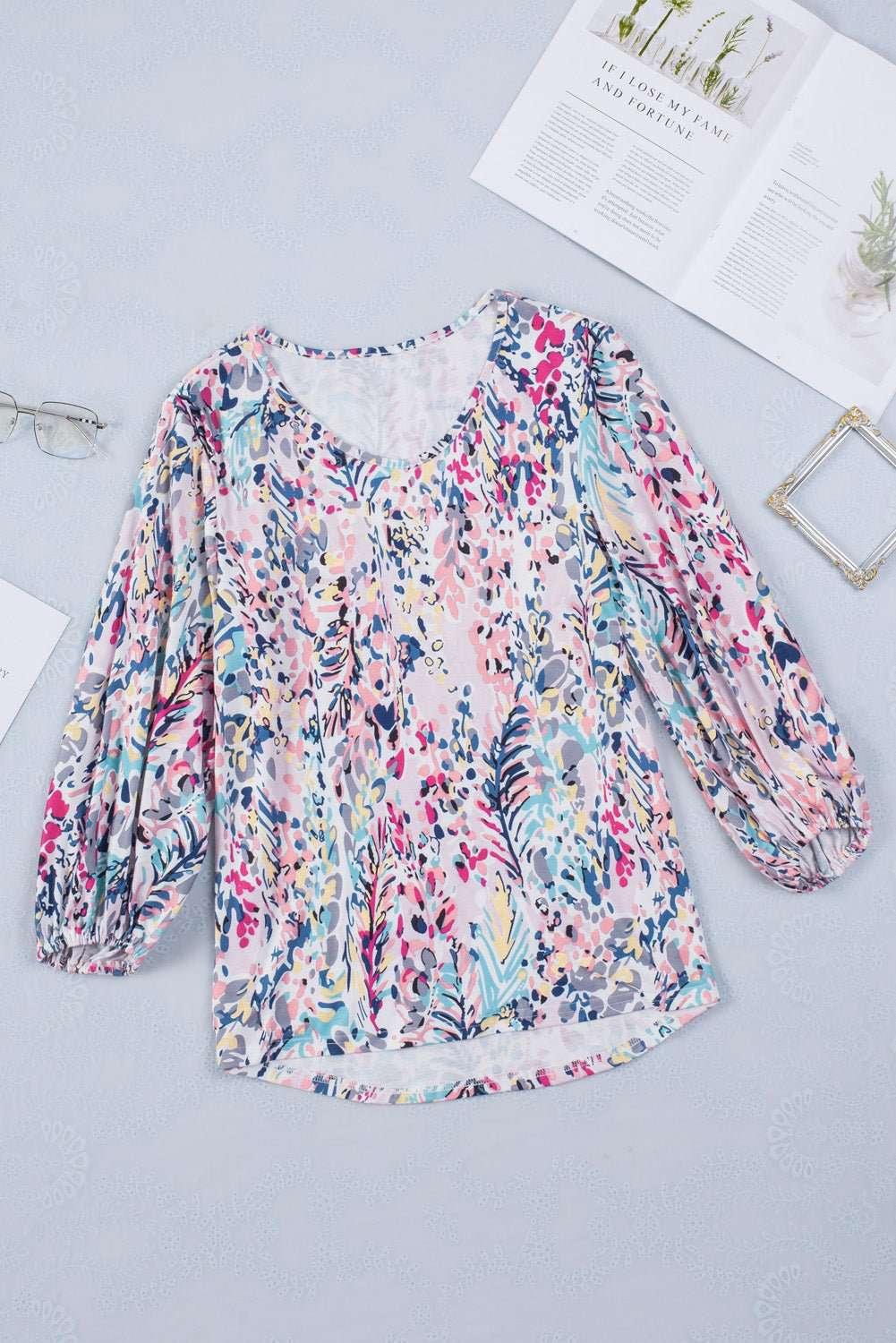 Printed Round Neck Balloon Sleeve Blouse - VILLA FASHION