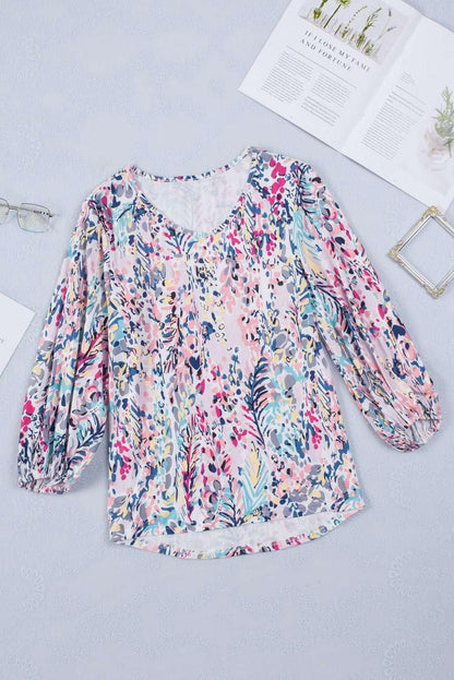 Printed Round Neck Balloon Sleeve Blouse - VILLA FASHION