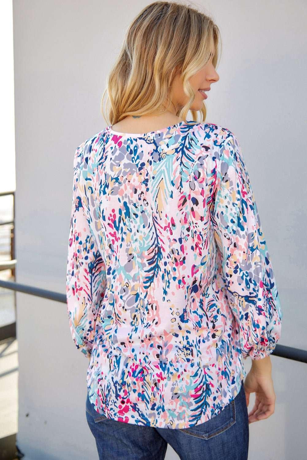 Printed Round Neck Balloon Sleeve Blouse - VILLA FASHION