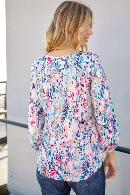 Printed Round Neck Balloon Sleeve Blouse - VILLA FASHION