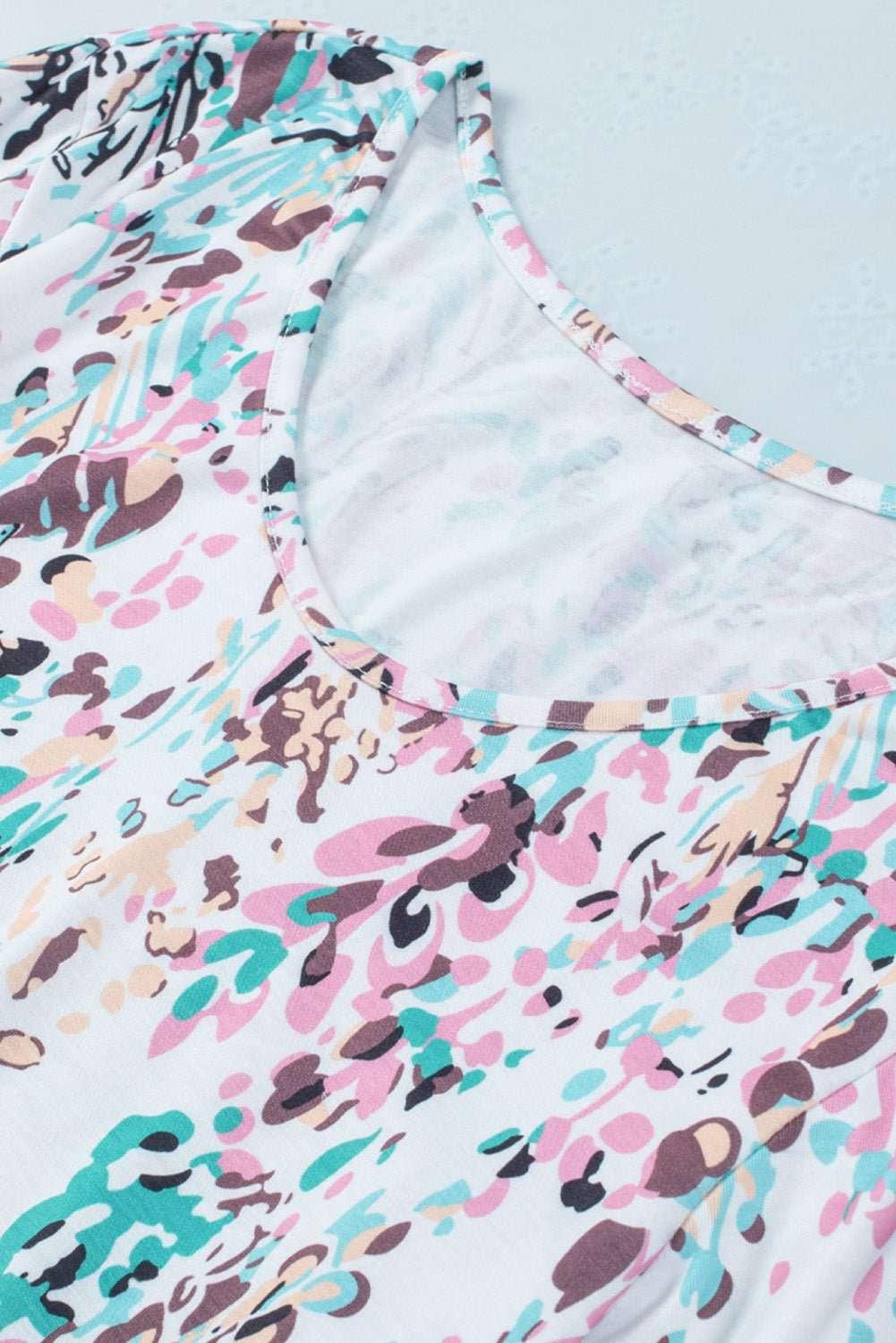 Printed Round Neck Balloon Sleeve Blouse - VILLA FASHION