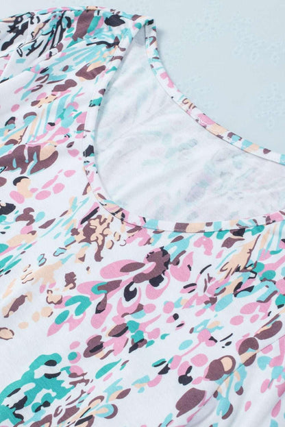 Printed Round Neck Balloon Sleeve Blouse - VILLA FASHION