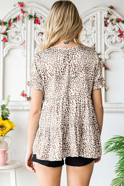 Printed Round Neck Flounce Sleeve Tiered Blouse - VILLA FASHION