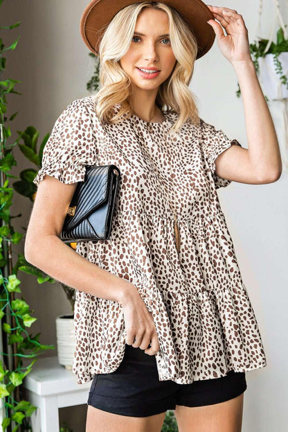 Printed Round Neck Flounce Sleeve Tiered Blouse - VILLA FASHION