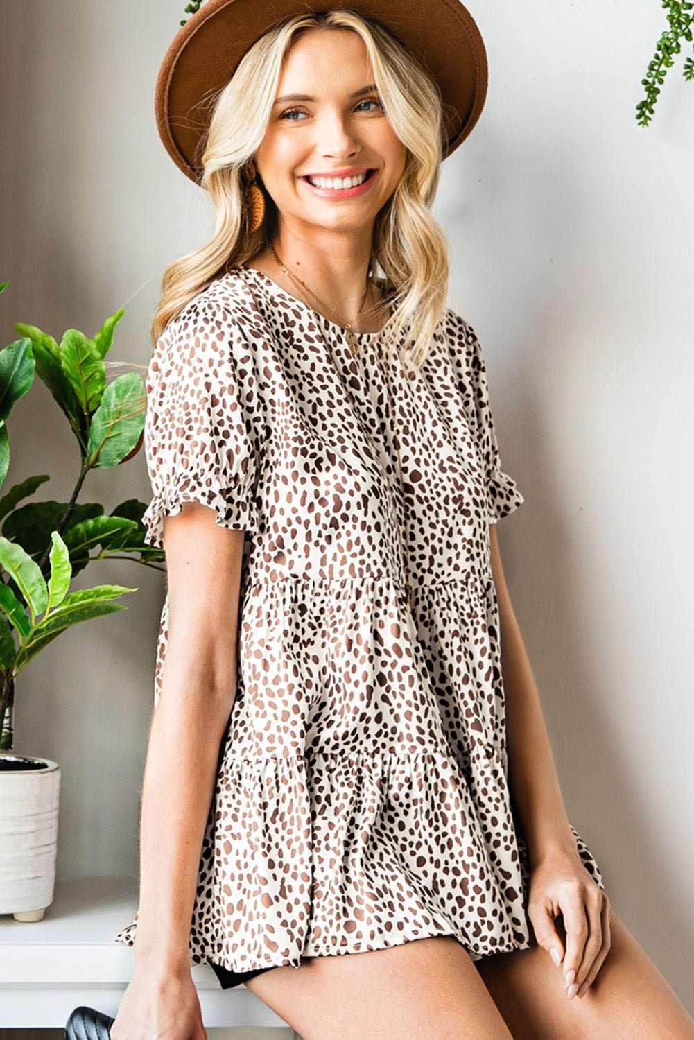 Printed Round Neck Flounce Sleeve Tiered Blouse - VILLA FASHION