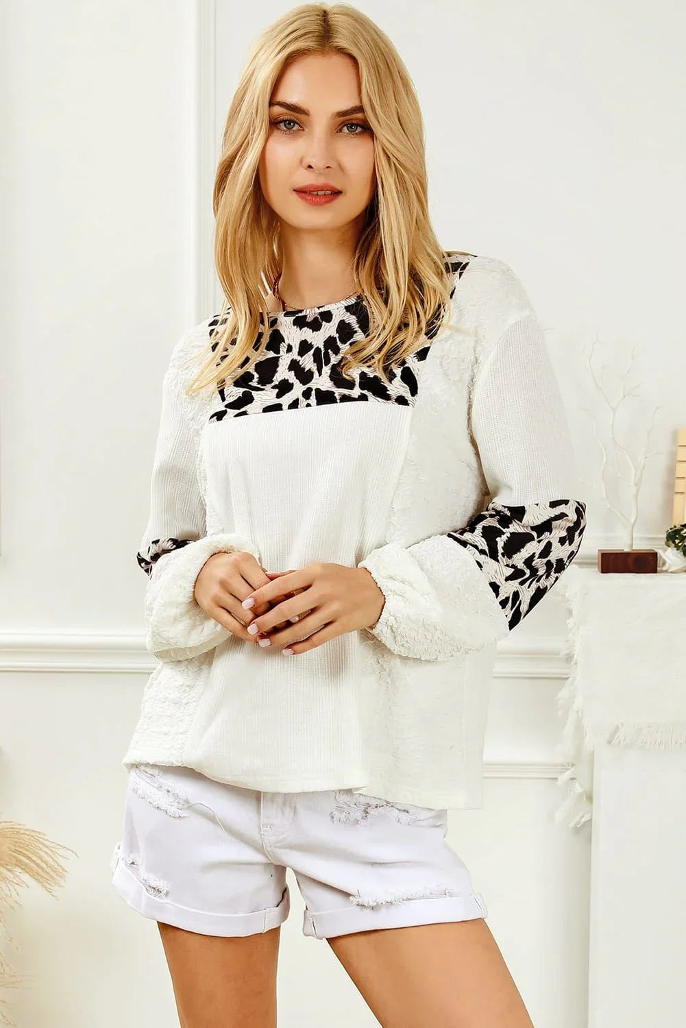 Printed Round Neck Long Sleeve Blouse - VILLA FASHION