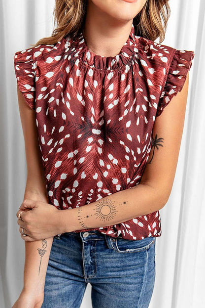 Printed Ruffle Shoulder Blouse - VILLA FASHION