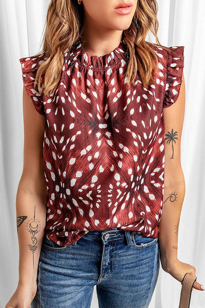 Printed Ruffle Shoulder Blouse - VILLA FASHION