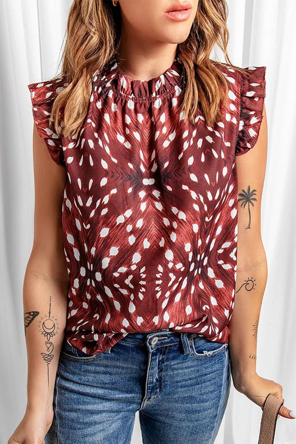 Printed Ruffle Shoulder Blouse - VILLA FASHION