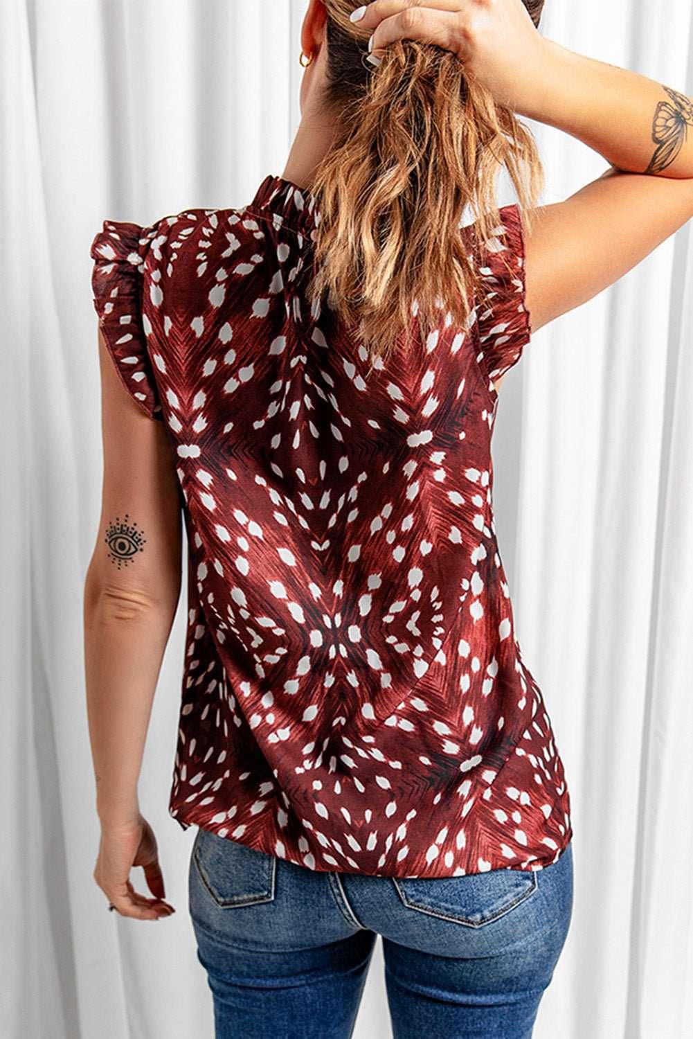 Printed Ruffle Shoulder Blouse - VILLA FASHION
