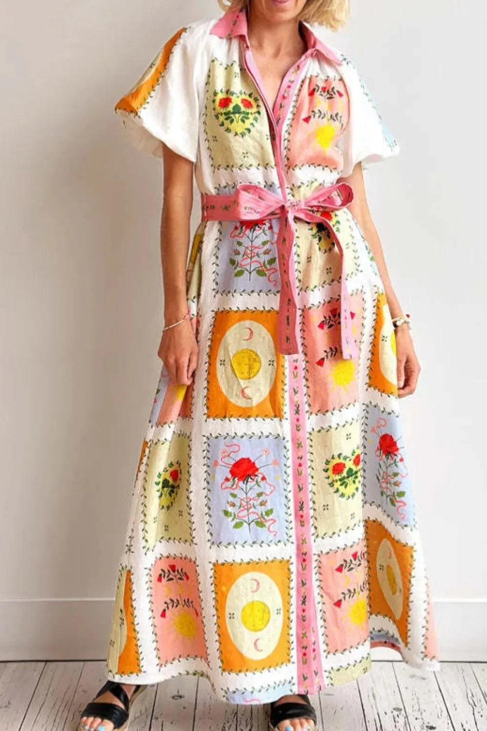 Printed Short Sleeve Belted Maxi Dress - VILLA FASHION