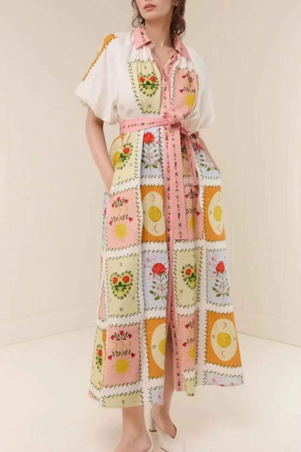 Printed Short Sleeve Belted Maxi Dress - VILLA FASHION