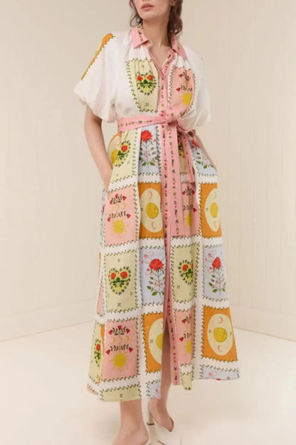 Printed Short Sleeve Belted Maxi Dress - VILLA FASHION