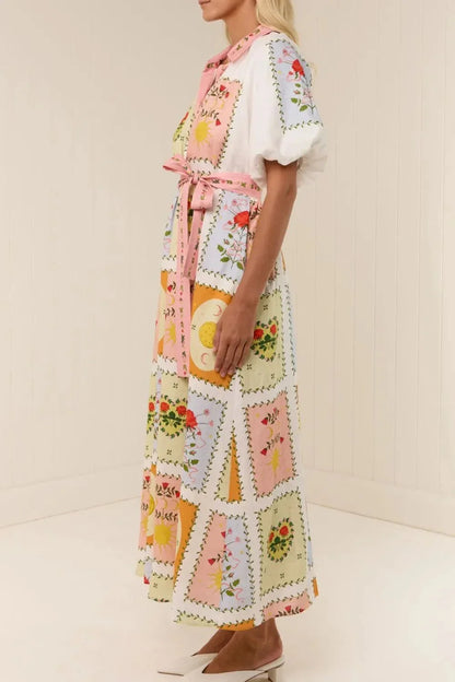 Printed Short Sleeve Belted Maxi Dress - VILLA FASHION
