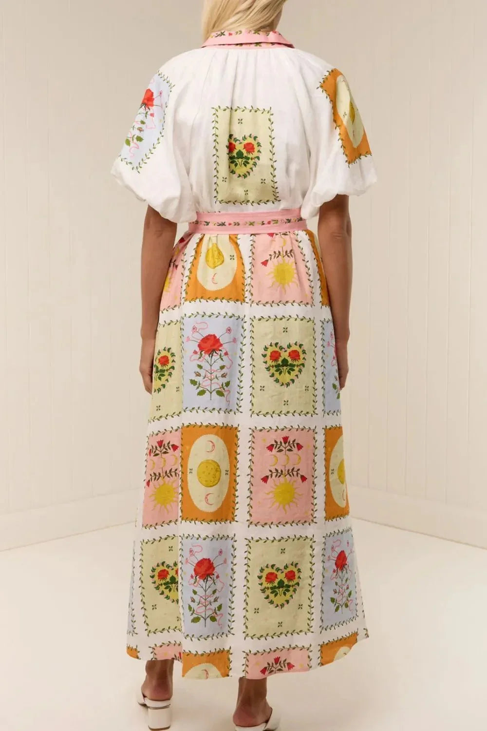 Printed Short Sleeve Belted Maxi Dress - VILLA FASHION