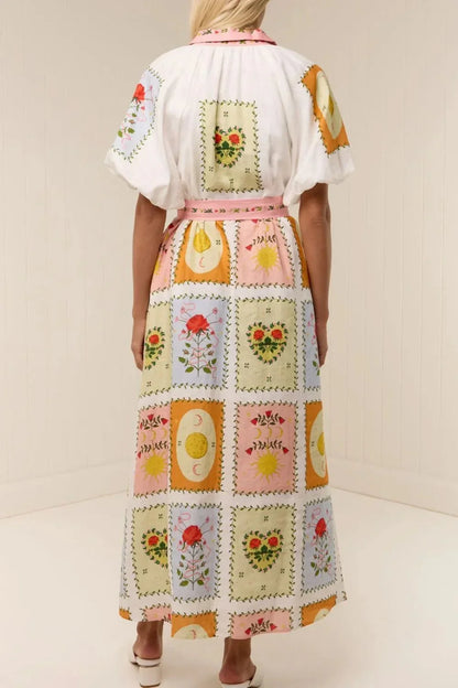 Printed Short Sleeve Belted Maxi Dress - VILLA FASHION